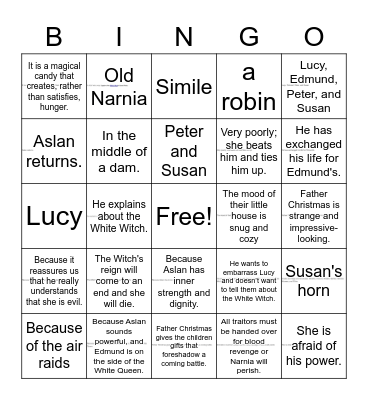 The Lion, the Witch and the Wardrobe Bingo Card
