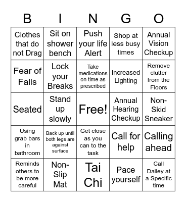 Fall Prevention Bingo Card