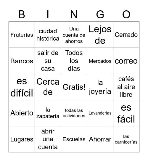 Spanish 3 Lec 2 La ciudad Bingo Card