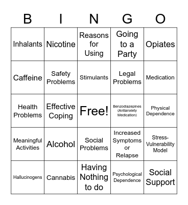 Drugs and Alcohol Bingo Card