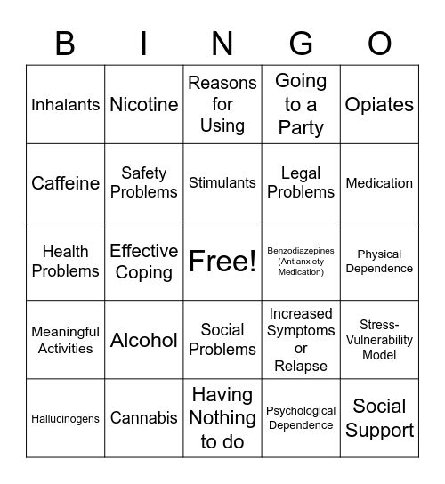 Drugs and Alcohol Bingo Card
