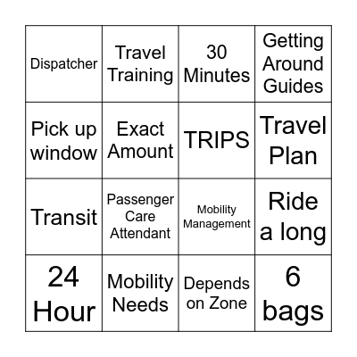 Mobility Management Bingo Card