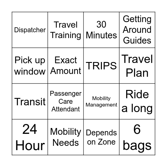 Mobility Management Bingo Card