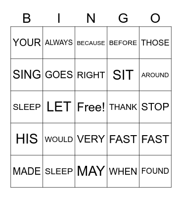 SIGHT WORDS Bingo Card
