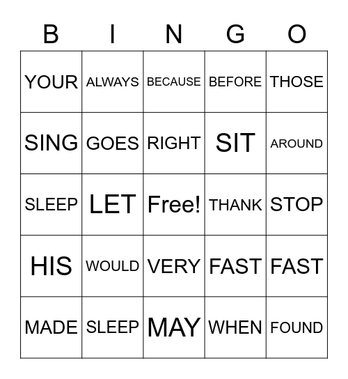 SIGHT WORDS Bingo Card