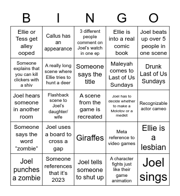 The Last of Us Sundays Bingo Card