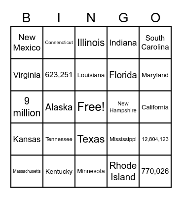 States and Numbers Bingo Card