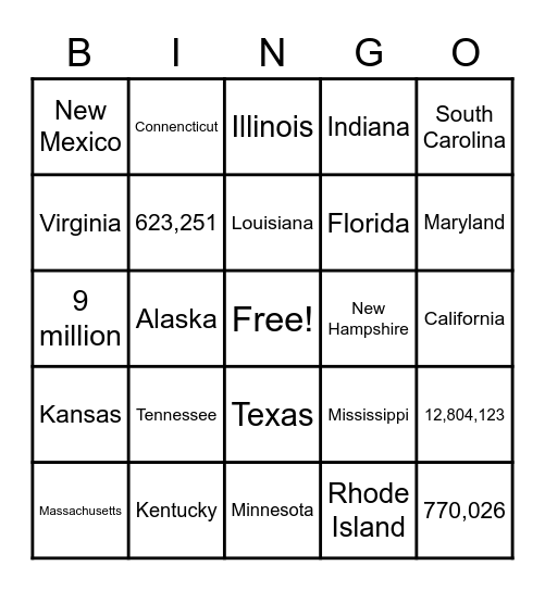 States and Numbers Bingo Card