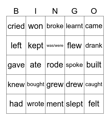 Past Simple Irregular verbs Bingo Card