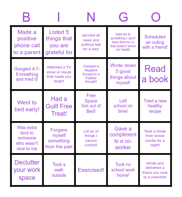 Wellness Week Challenge! Bingo Card