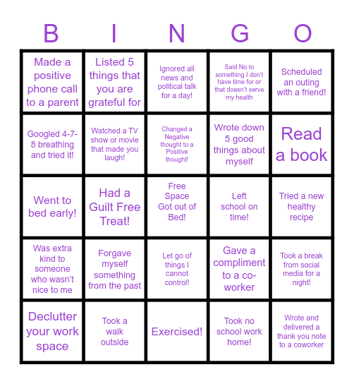 Wellness Week Challenge! Bingo Card