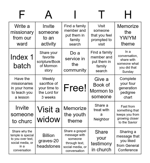 2023 Nocatee Ward Mission Plan Bingo Card