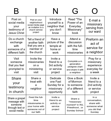 2023 Nocatee Ward Mission Plan Bingo Card