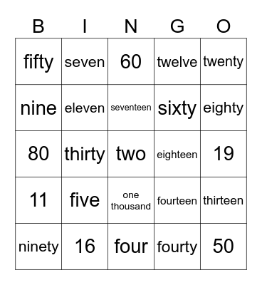 Number words Bingo Card