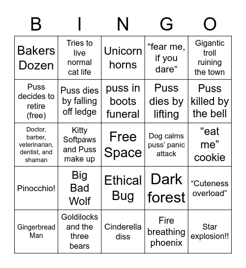 Puss in Boots: The Last Wish Bingo Card