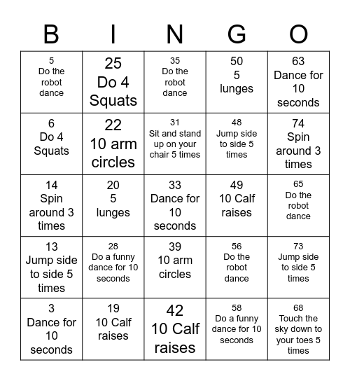Lets Move Bingo Card