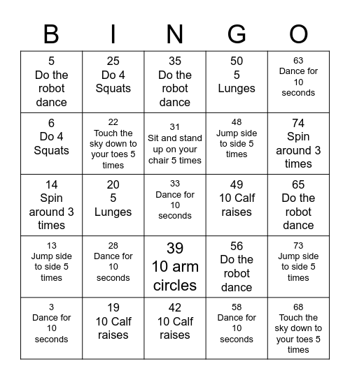 Lets Move Bingo Card