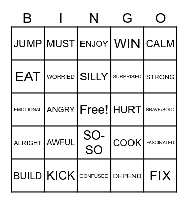 Verb/Feelings Bingo Card