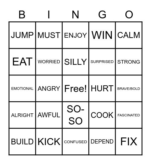 Verb/Feelings Bingo Card