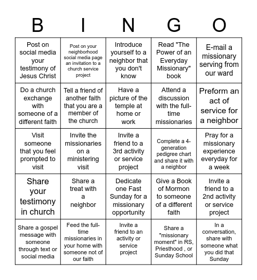 2023 Nocatee Ward Mission Plan Bingo Card