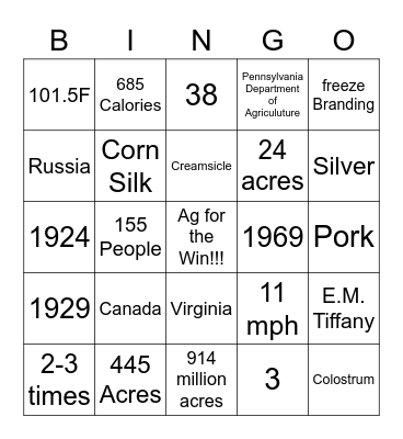 Ag Knowledge Trivia Bingo Card