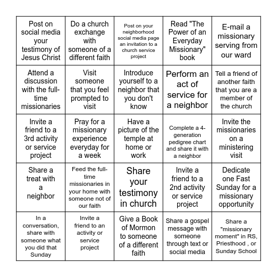 2023 Nocatee Ward Mission Plan Bingo Card