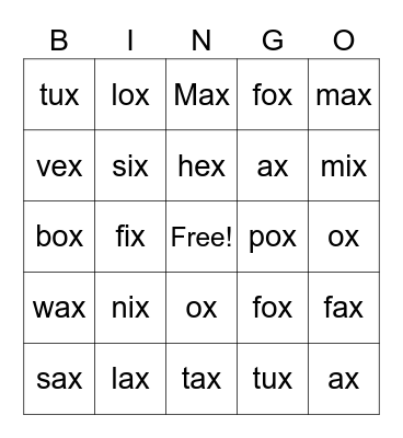 Words with x Bingo Card