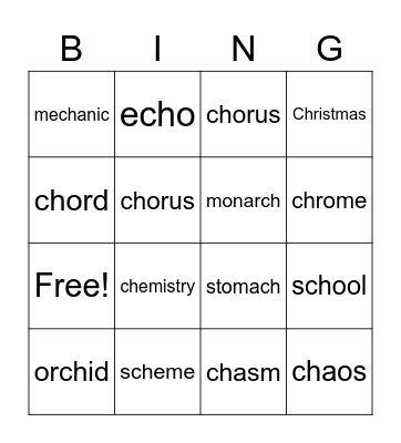ch as /k/ Bingo Card