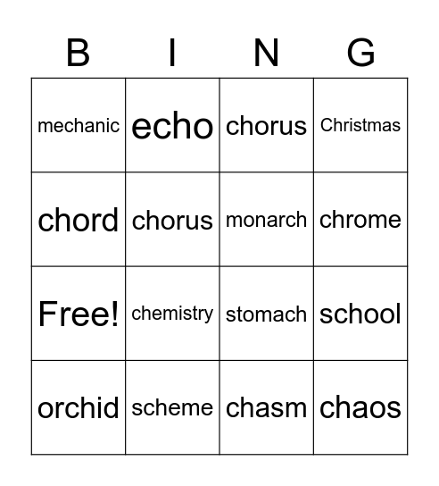 ch as /k/ Bingo Card