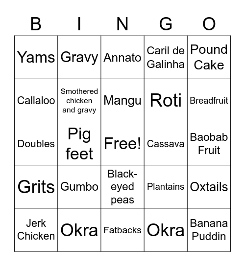 Soul Food Bingo Card