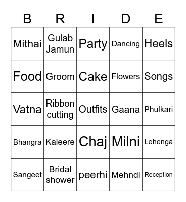 Harjot's Bridal Bingo Card