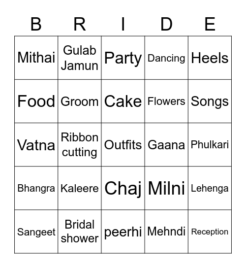 Harjot's Bridal Bingo Card