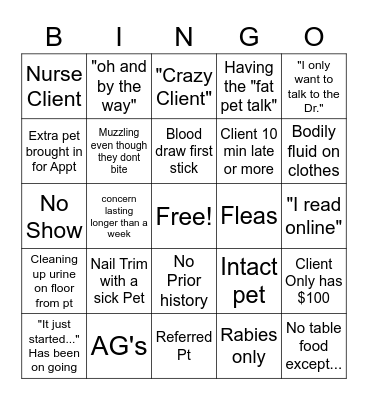 Vet Tech Bingo! Bingo Card
