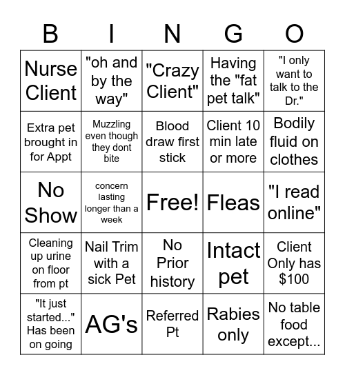 Vet Tech Bingo! Bingo Card