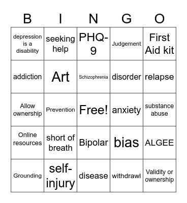 Mental Health First Aid Bingo Card