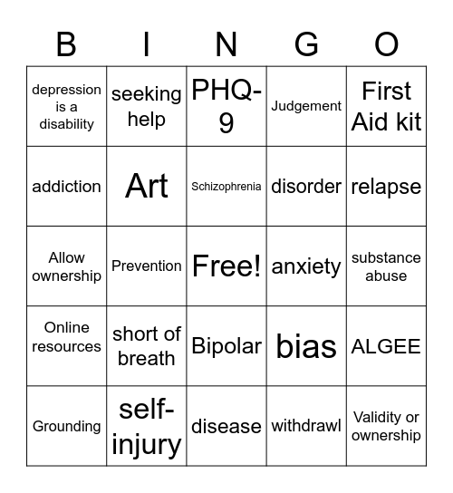 Mental Health First Aid Bingo Card