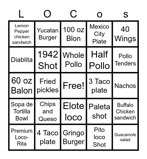 Ojos Locos Bingo Card