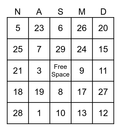 ASL Number Bingo Card