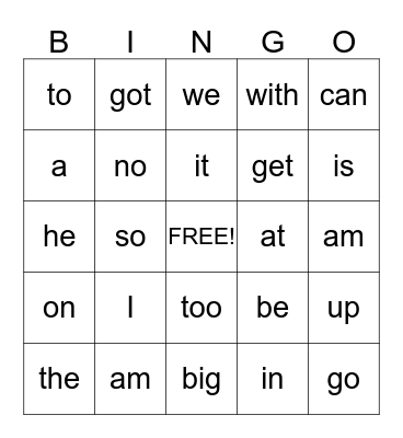 Sight Words Bingo Card