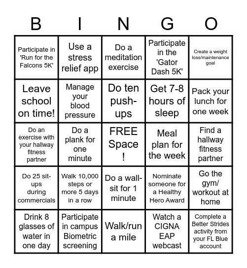 MCHS February Fitness Bingo Card