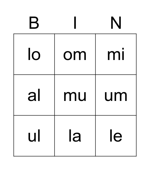 Silben-Bingo Nr. 1 Bingo Card