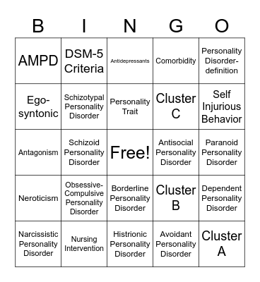 Personality Disorder Bingo Card