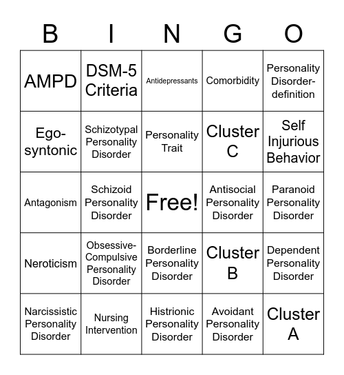 Personality Disorder Bingo Card