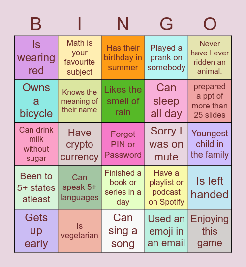 Random fun Bingo Card