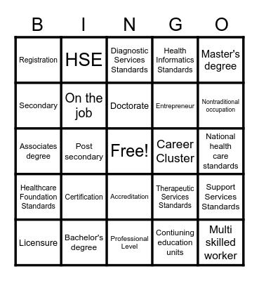 Health Care Bingo Card