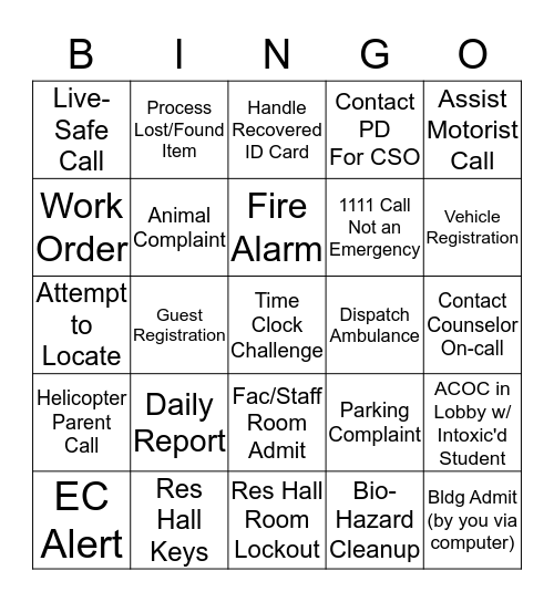 Dispatcher Bingo Card