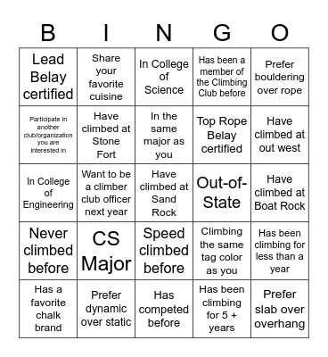 GT Climbing Club Icebreaker Bingo Card