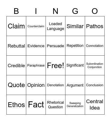 Argumentative Text Bingo Card