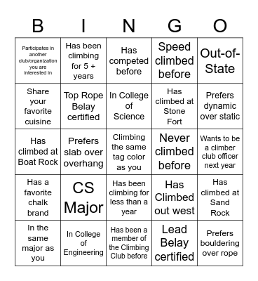 GT Climbing Club Icebreaker Bingo Card