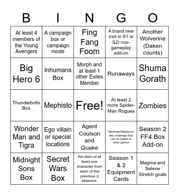 Marvel United Kickstarter Bingo Card